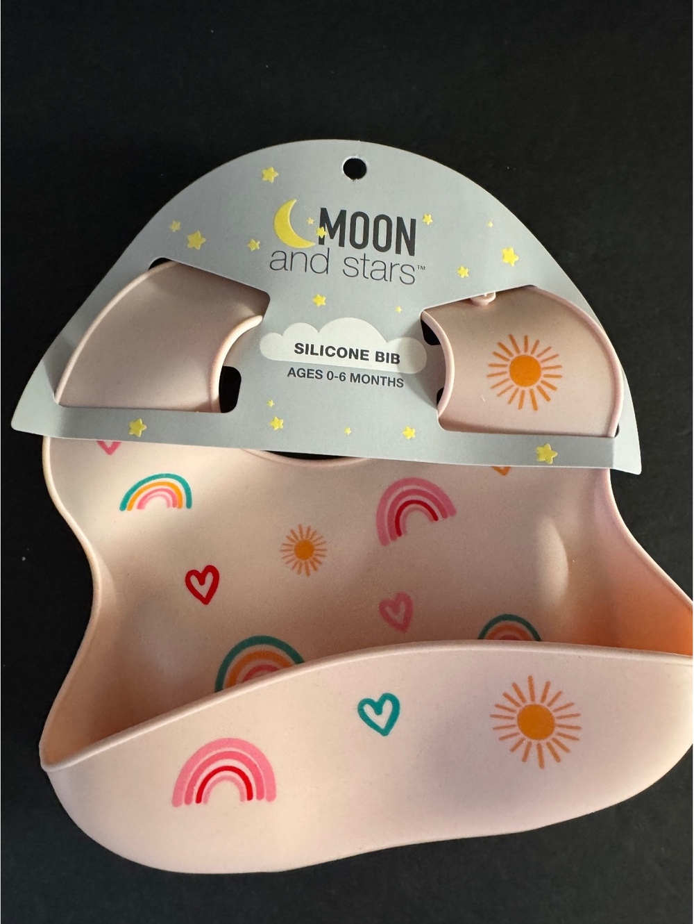 Moon and Stars Silicone Baby Bib with Rainbow and Sun Design, Ages 0-6 Months
